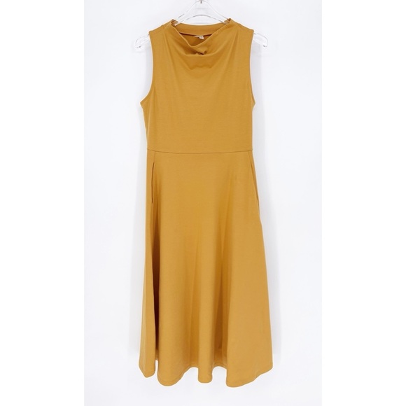 PACT | Organic Cotton Fit & Flare Mock Neck Midi Dress in Gold | Sz M - Picture 6 of 13